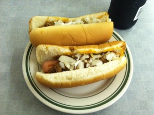 Two hot dogs with everything at Milwaukee