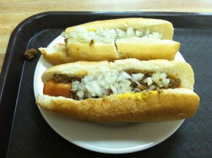 Two hot dogs with everything at Coney Island