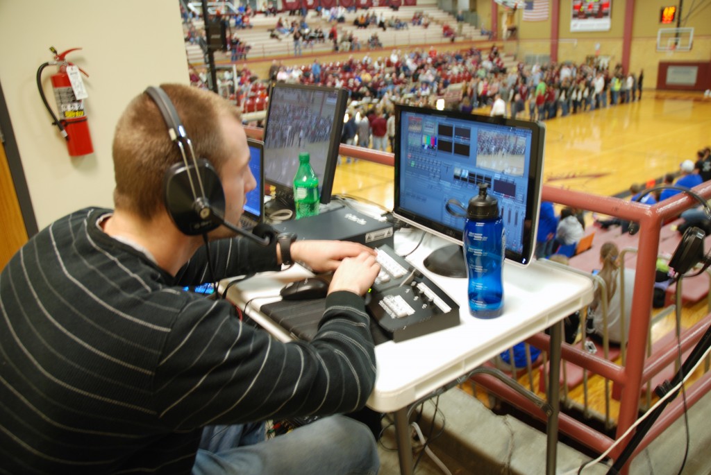 "It's not as hard as it looks," says Gage Thackston directing the cameras for Morningside College's MCTV at last night's basketball game. 