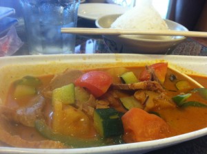 My meal: Duck, green peppers, tomatoes, and pineapple simmered in red curry.