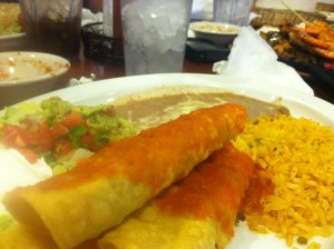 Steak flautas with beans and rice